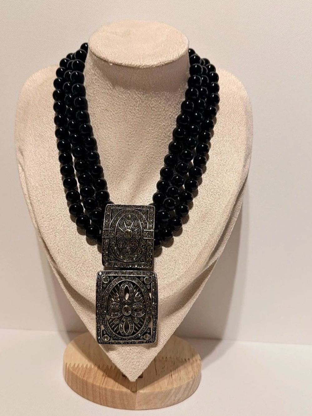 Signed HEIDI DAUS 3-Strand Black Bead Art Deco Choker